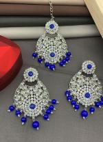 Blue Silver Plated Earrings With Maang Tikka